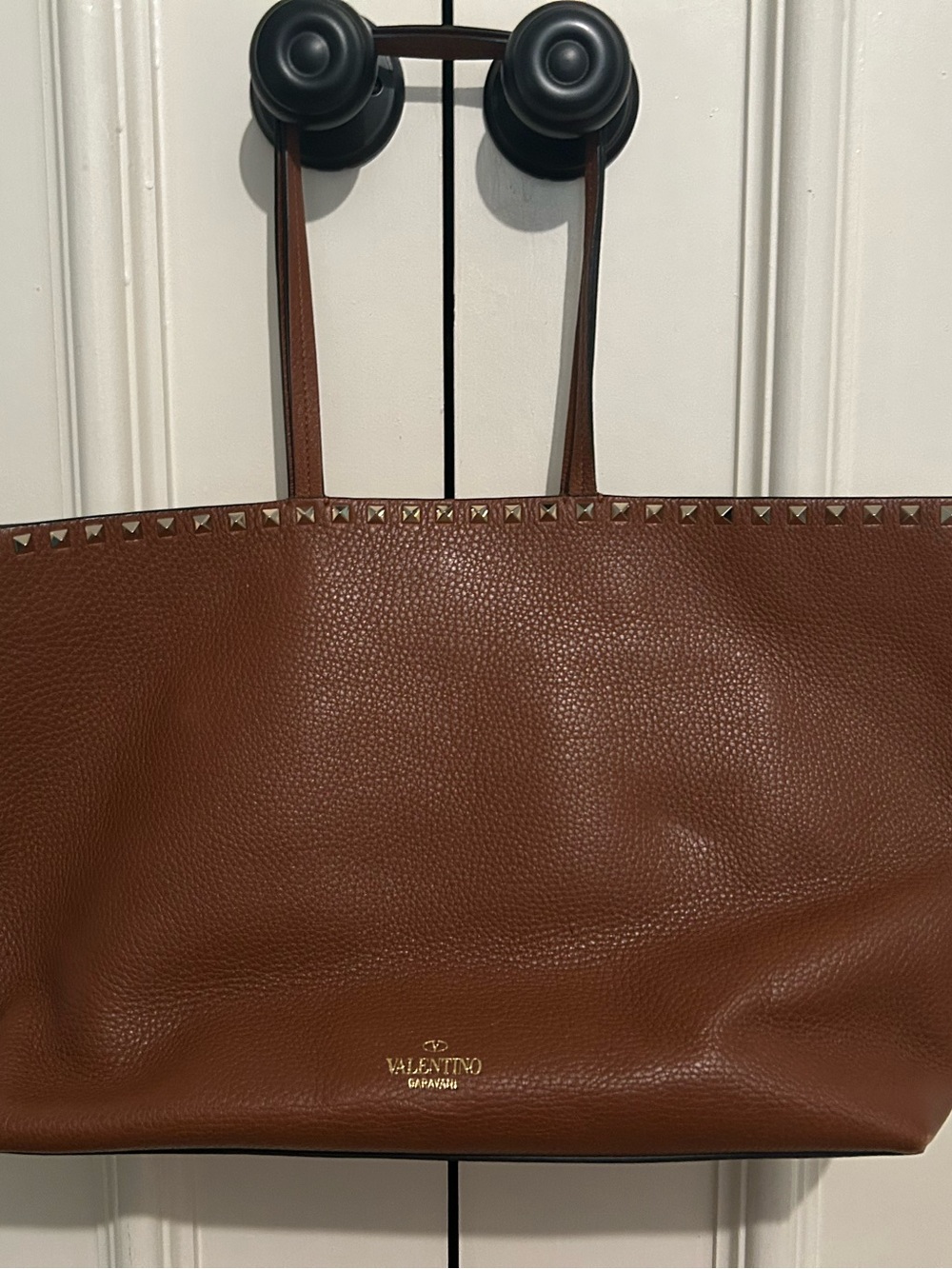 Valentino Garavani Brown Pebbled Leather Rockstud Tote with Gold Logo